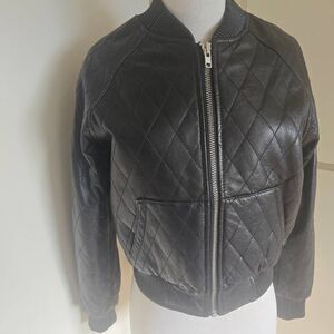 Red Leather ette Blk Quilted Leather Bomber Jacket, NWOT, Sz.12...fits like a 10